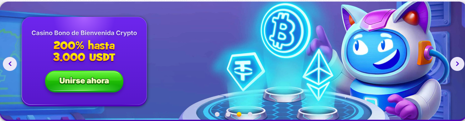 Spanish casino banner featuring a RoboCat character with glowing cryptocurrency symbols, alongside a purple promo box advertising a crypto welcome bonus of 200% up to 3,000 USDT and a green “Unirse ahora” call-to-action button.