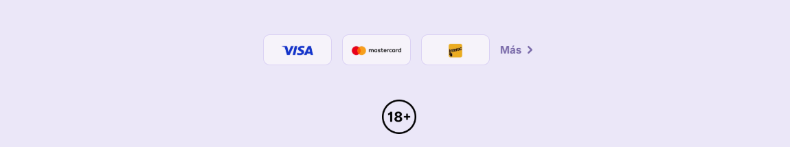 Casino footer with Visa, Mastercard, and Jeton payment icons, a Spanish “More” link, and an 18+ age restriction badge on a light grey background.